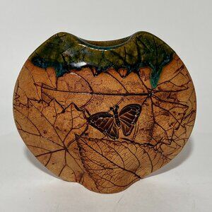 Malabar Stoneware Clay Pottery Vase Meyer Green Brown Leaf Butterfly Impression